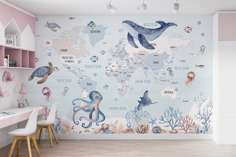 Carte du monde avec animaux marins Carte du monde avec animaux marins