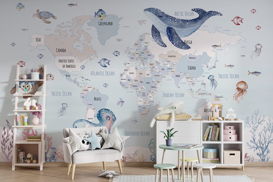 Carte du monde avec animaux marins Carte du monde avec animaux marins