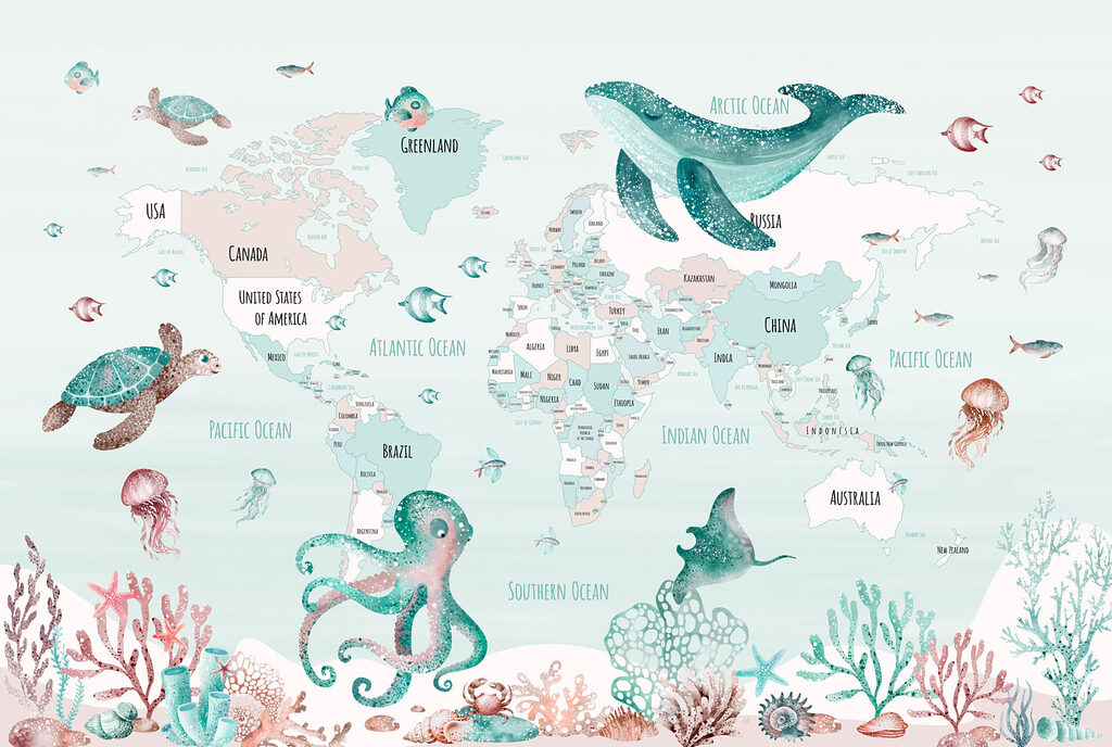 Carte du monde avec animaux marins Carte du monde avec animaux marins