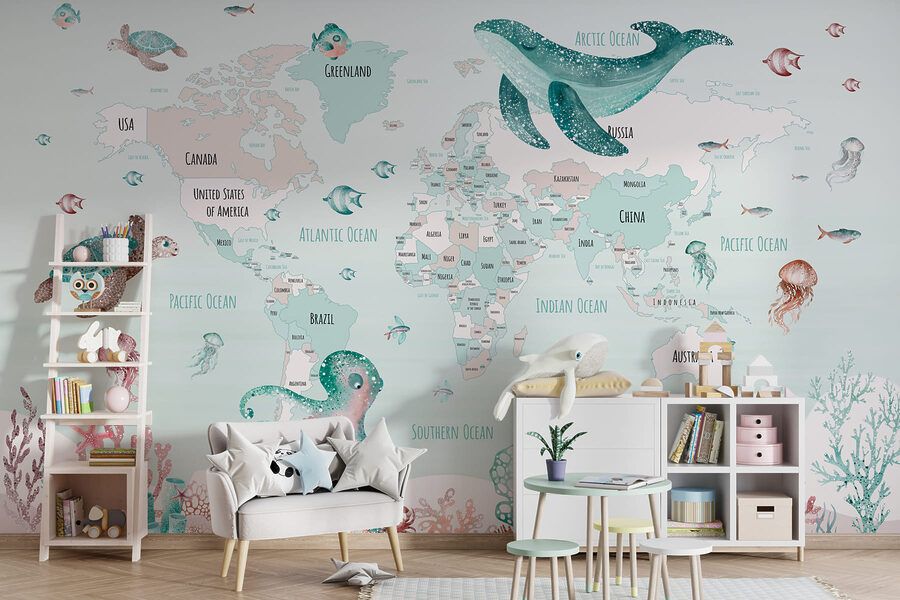 Carte du monde avec animaux marins Carte du monde avec animaux marins