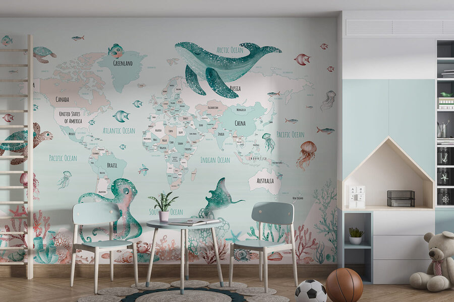 Carte du monde avec animaux marins Carte du monde avec animaux marins