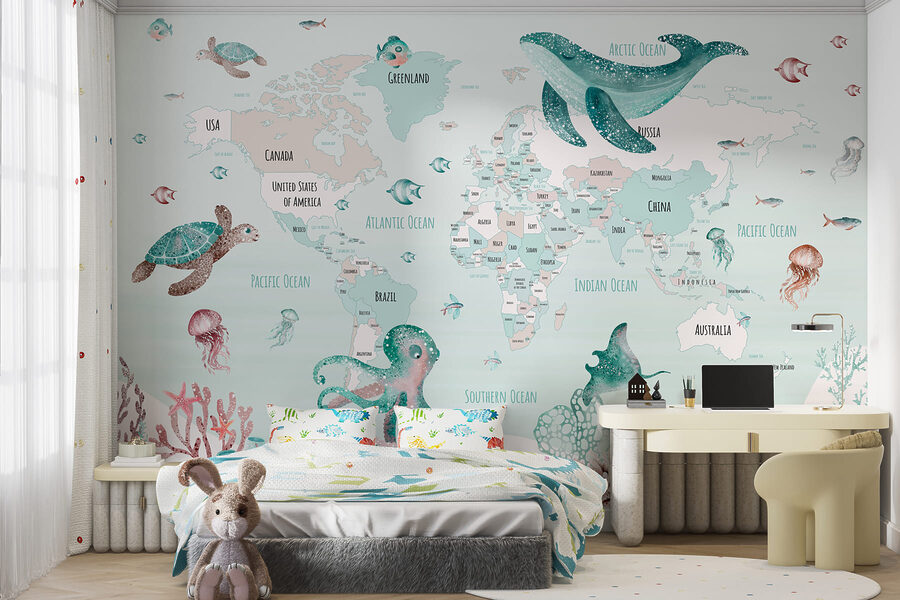 Carte du monde avec animaux marins Carte du monde avec animaux marins
