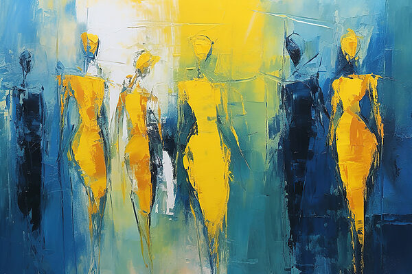 Peinture de personnes en jaune et bleu Peinture de personnes en jaune et bleu