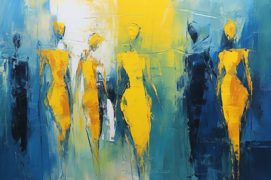 Peinture de personnes en jaune et bleu Peinture de personnes en jaune et bleu
