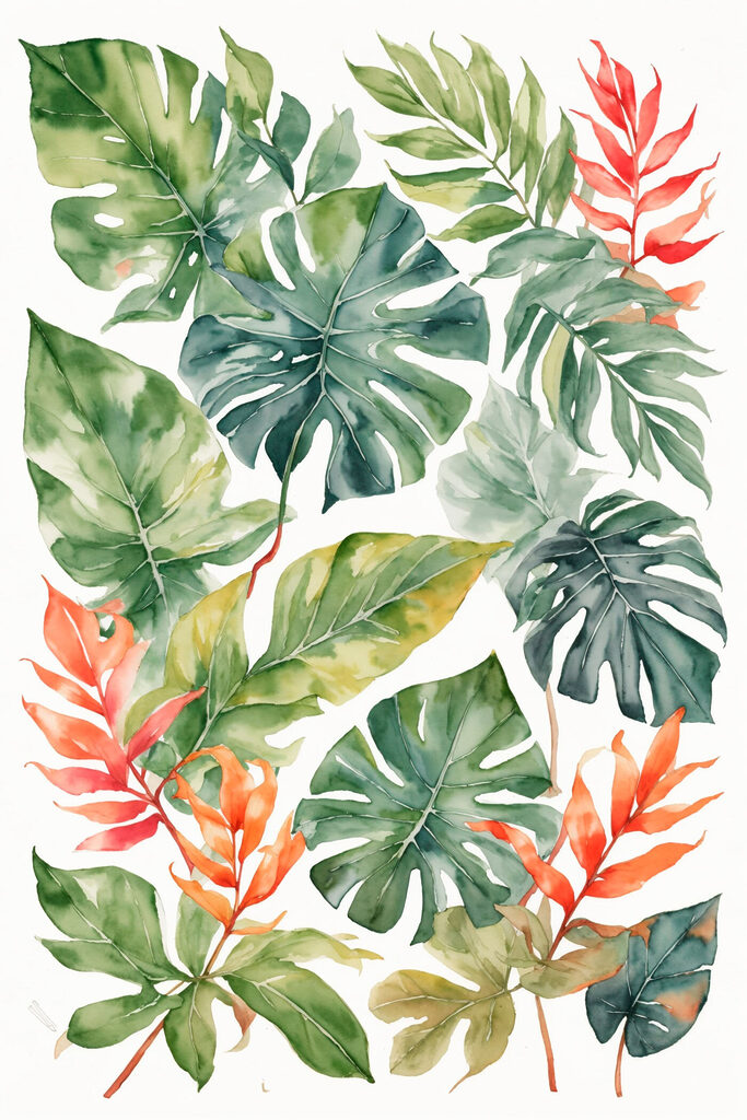 Group of green and orange leaves