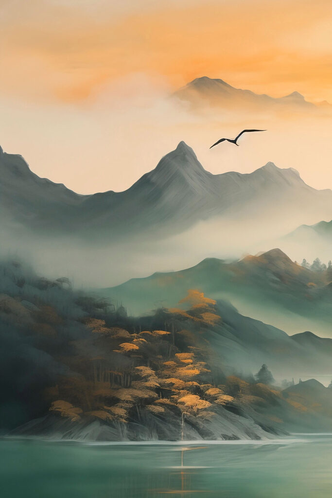 Bird flying over mountains
