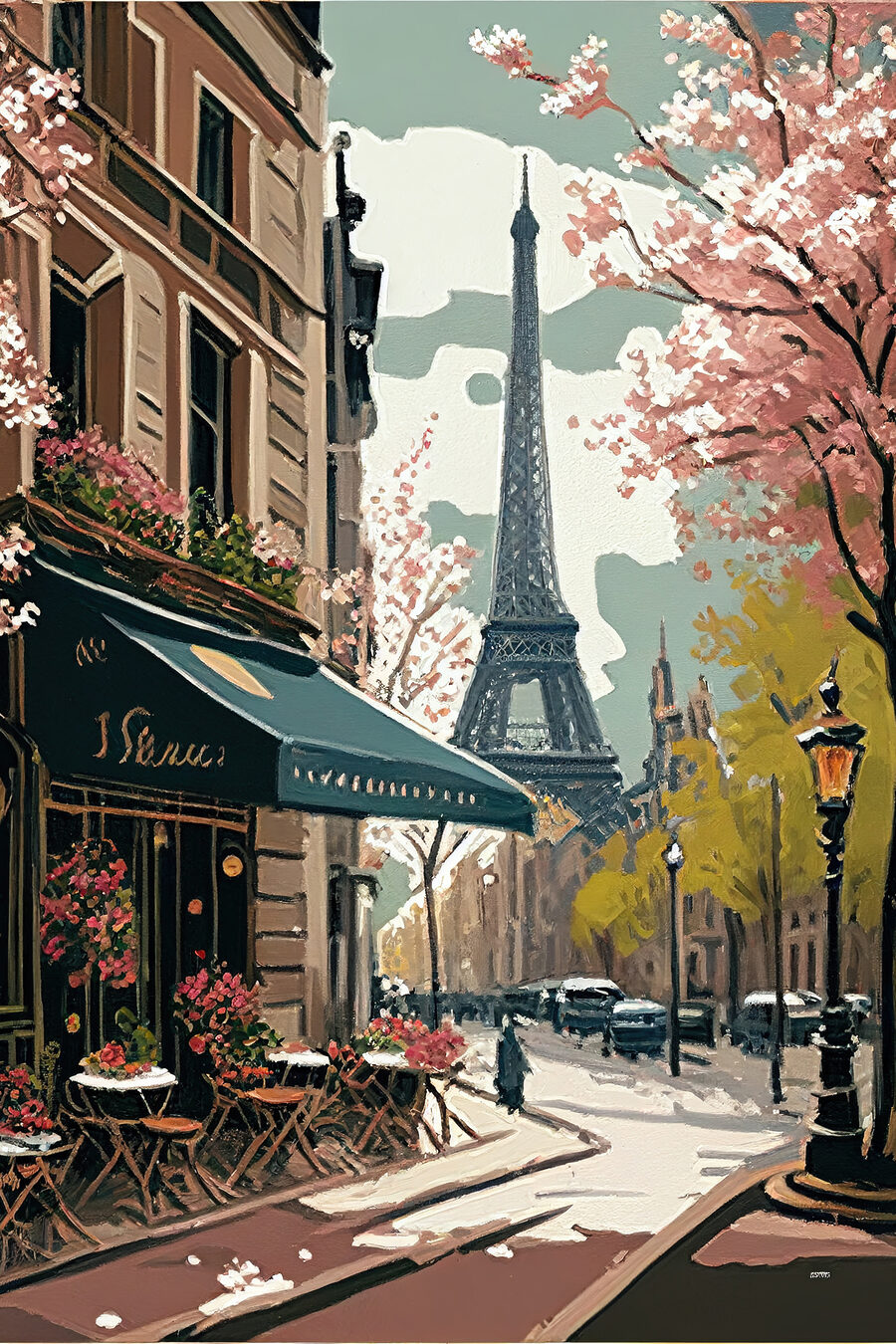 Peinture d'une rue avec une tour en arrière-plan