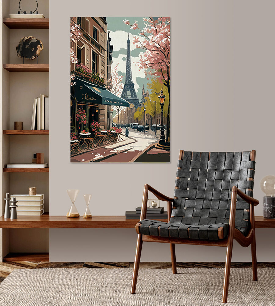 Peinture d'une rue avec une tour en arrière-plan