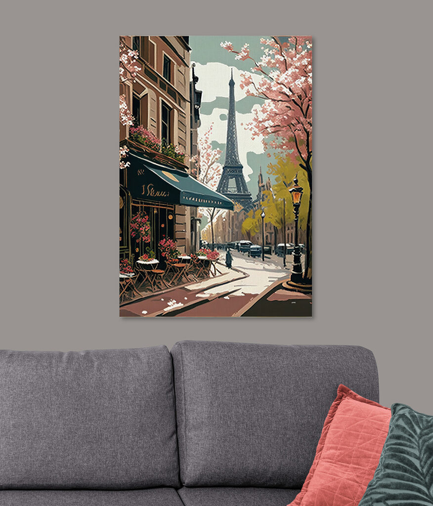 Painting of a street with a tower in the background