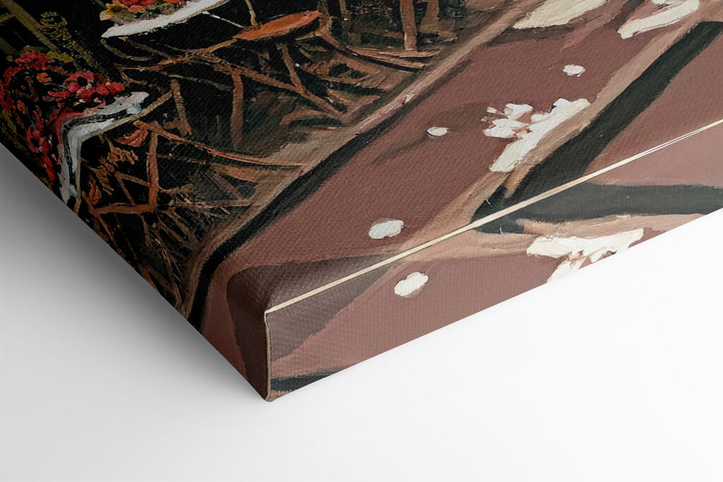 Painting of a street with a tower in the background