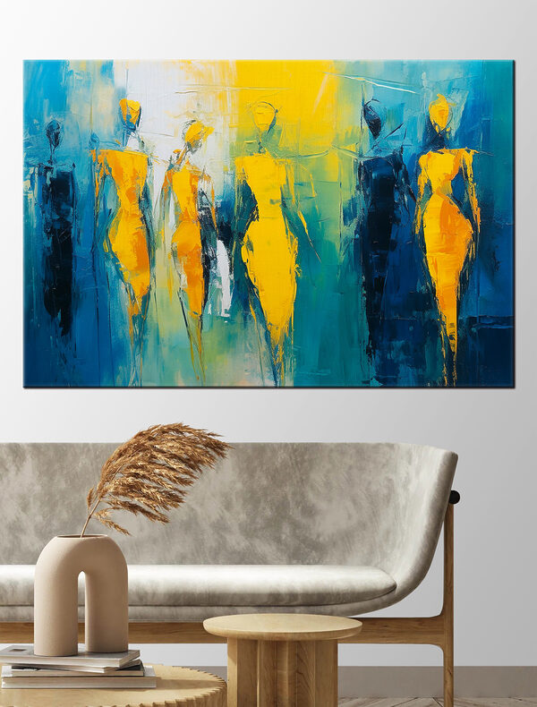 Peinture de personnes en jaune et bleu Peinture de personnes en jaune et bleu