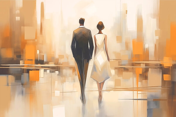 Homme et femme marchant dans une rue Homme et femme marchant dans une rue