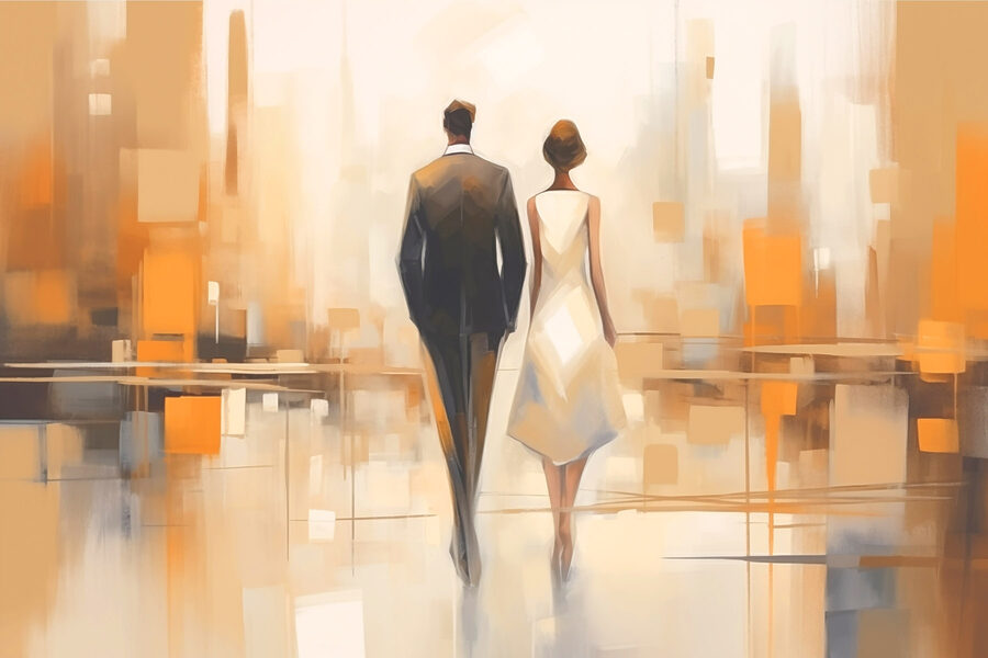 Homme et femme marchant dans une rue