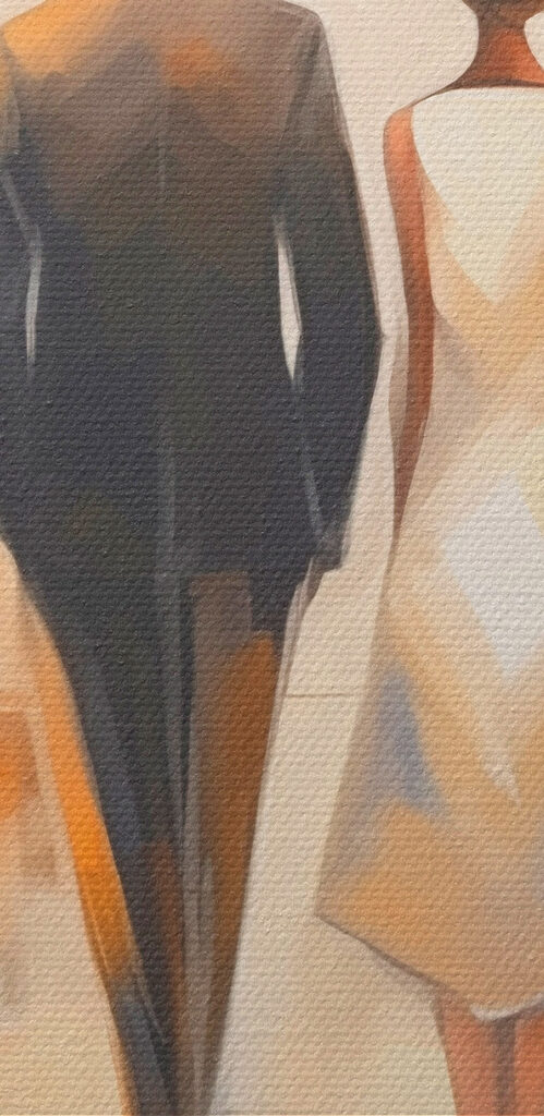 Man and woman walking down a street