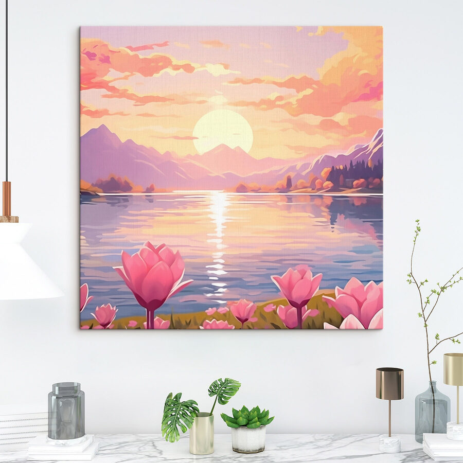 Fleurs roses au bord d'un lac