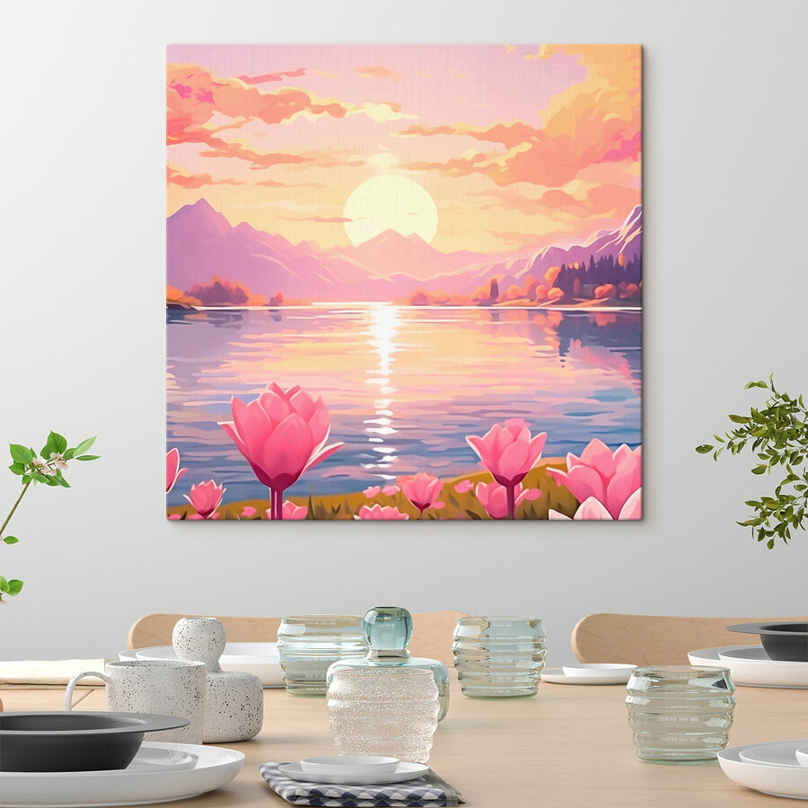 Fleurs roses au bord d'un lac