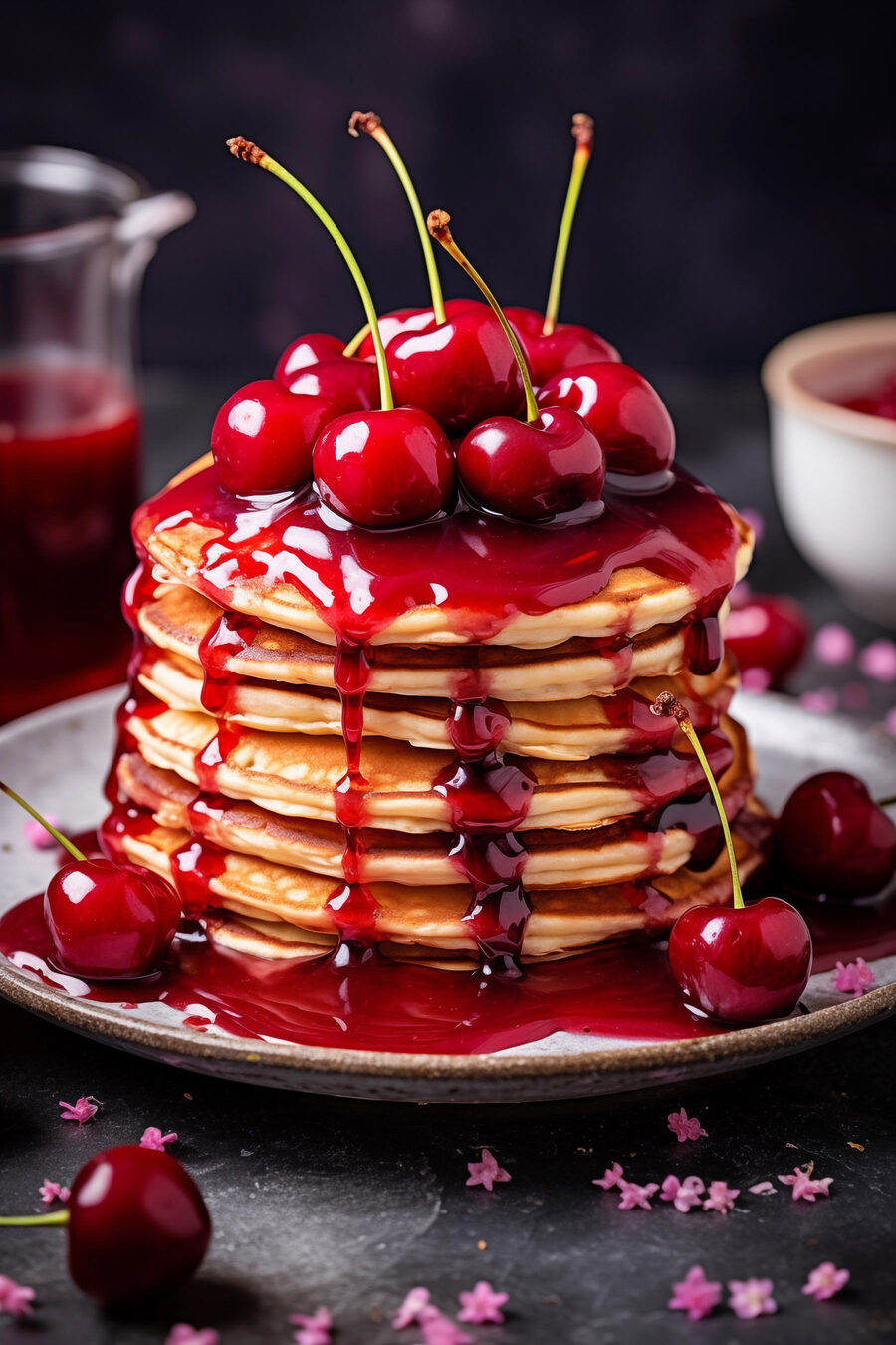 Pile de crêpes avec du sirop de cerise sur le dessus