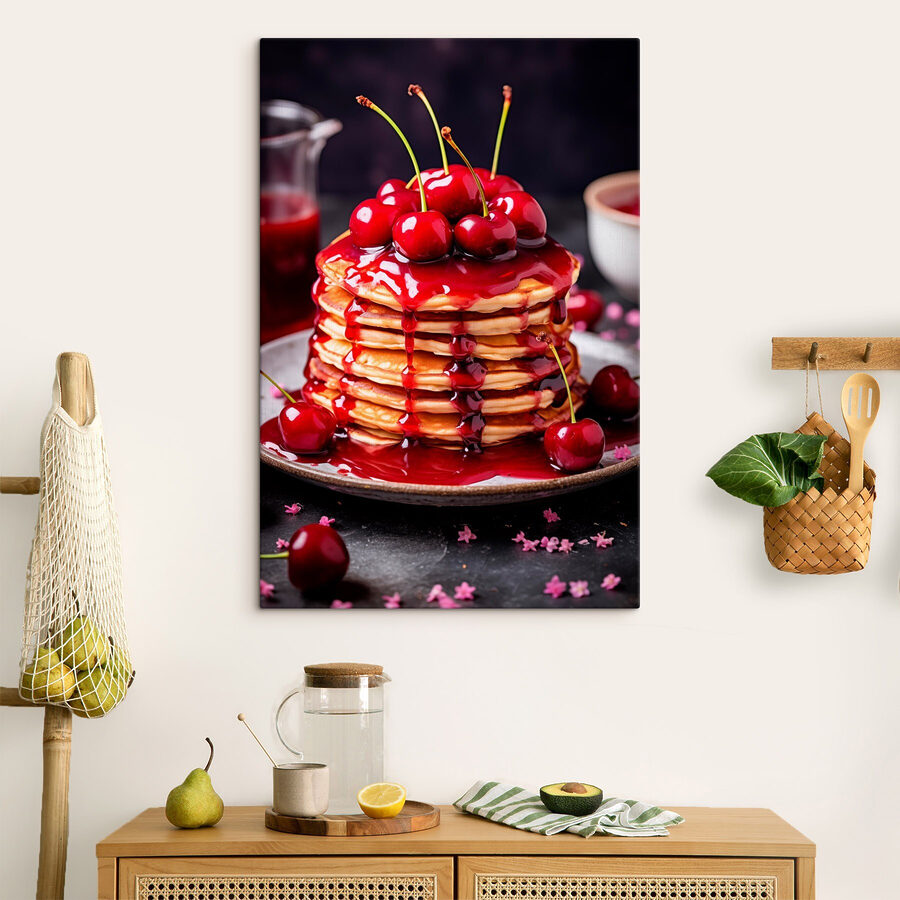 Pile de crêpes avec du sirop de cerise sur le dessus