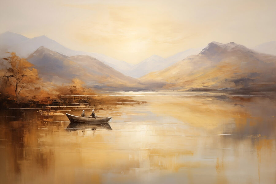 Peinture d'un bateau sur un lac avec des montagnes en arrière-plan
