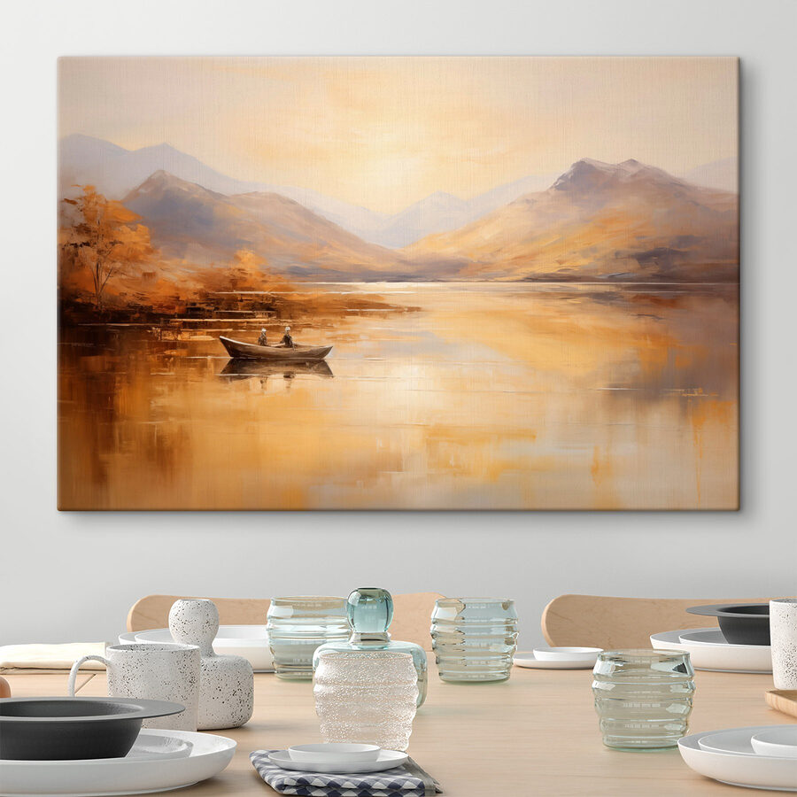 Peinture d'un bateau sur un lac avec des montagnes en arrière-plan