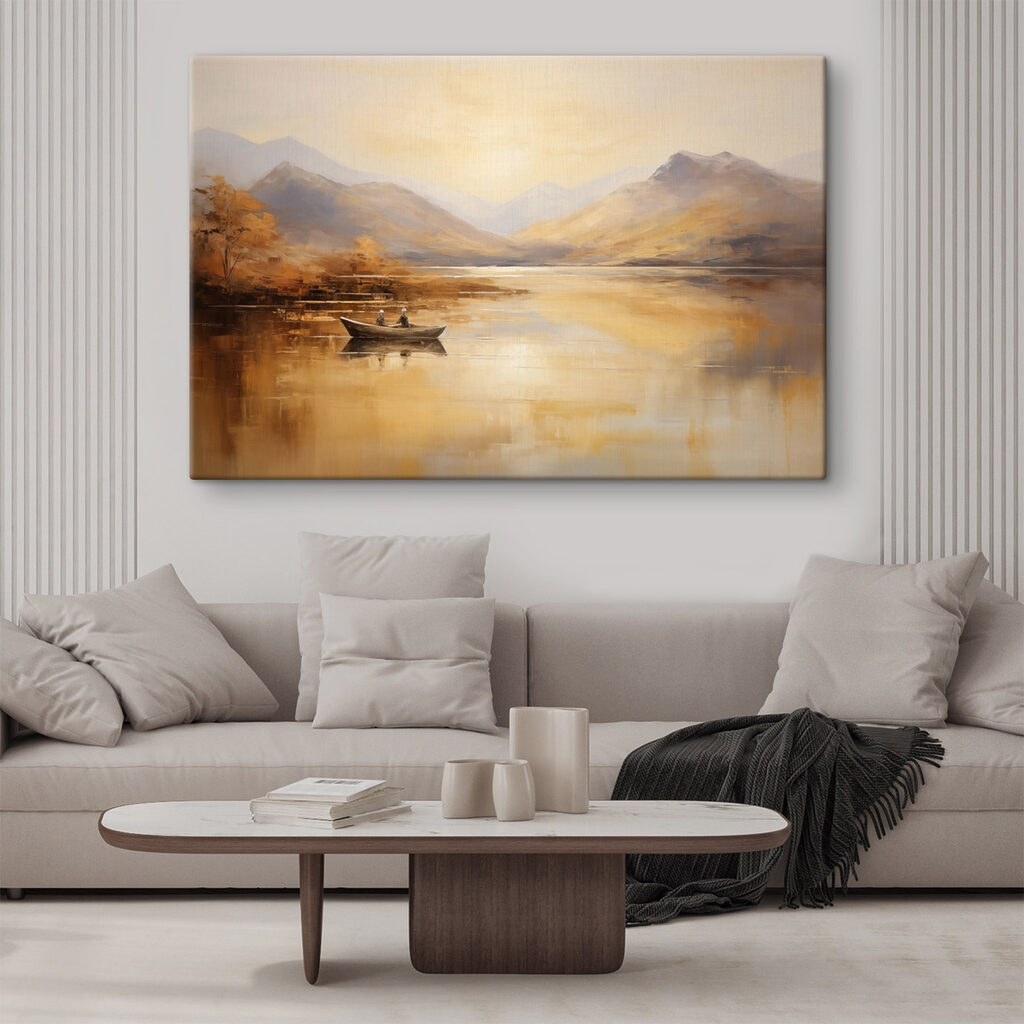 Painting of a boat on a lake with mountains in the background