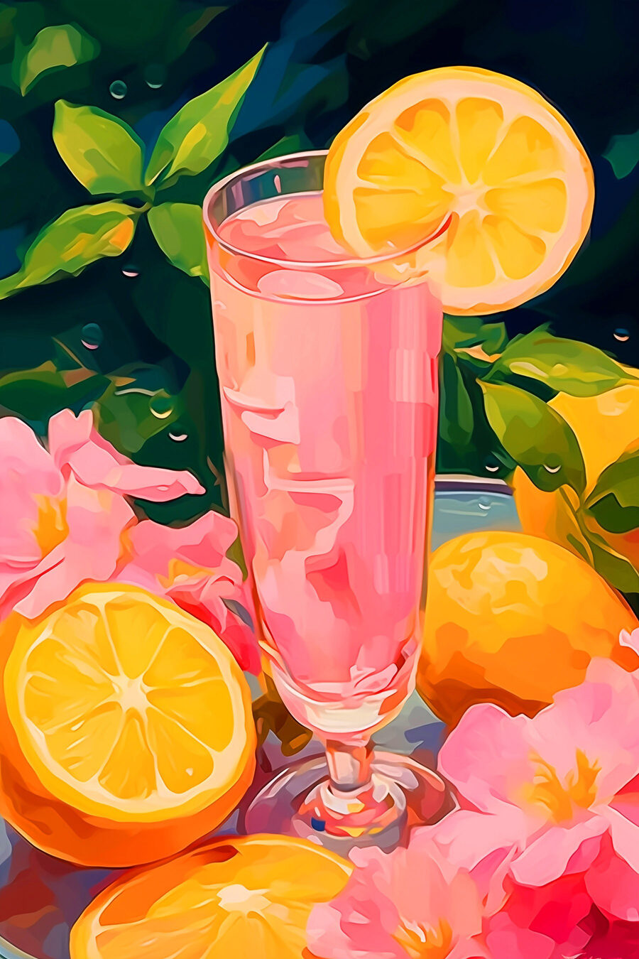 Verre de liquide rose avec citrons et fleurs