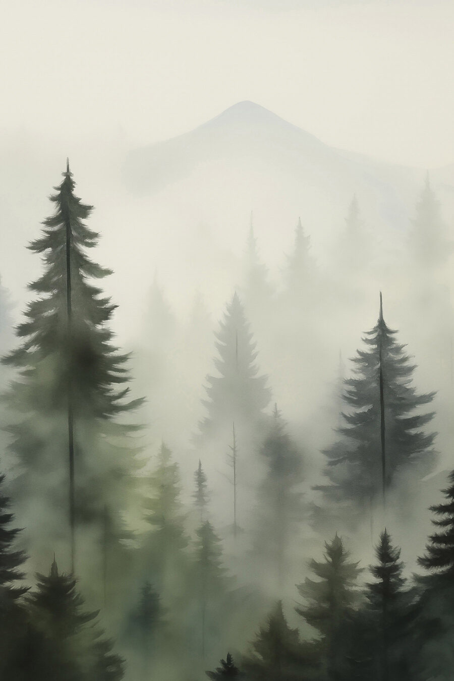 Forêt brumeuse avec des arbres et une montagne en arrière-plan Forêt brumeuse avec des arbres et une montagne en arrière-plan