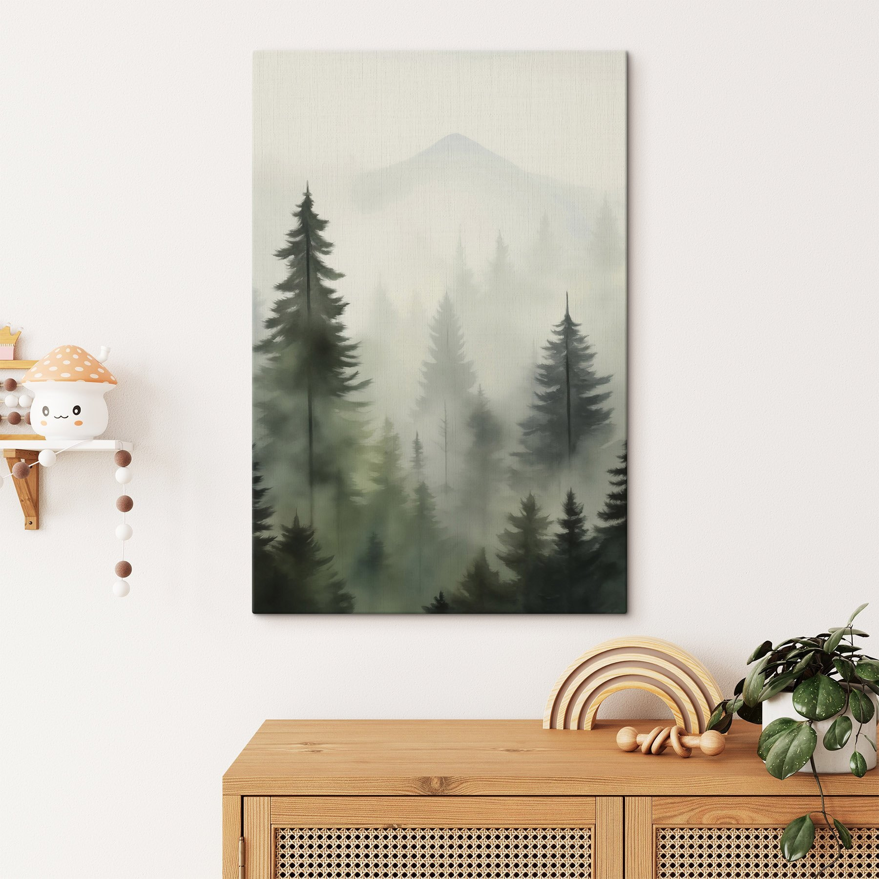 Foggy forest with trees and a mountain in the background