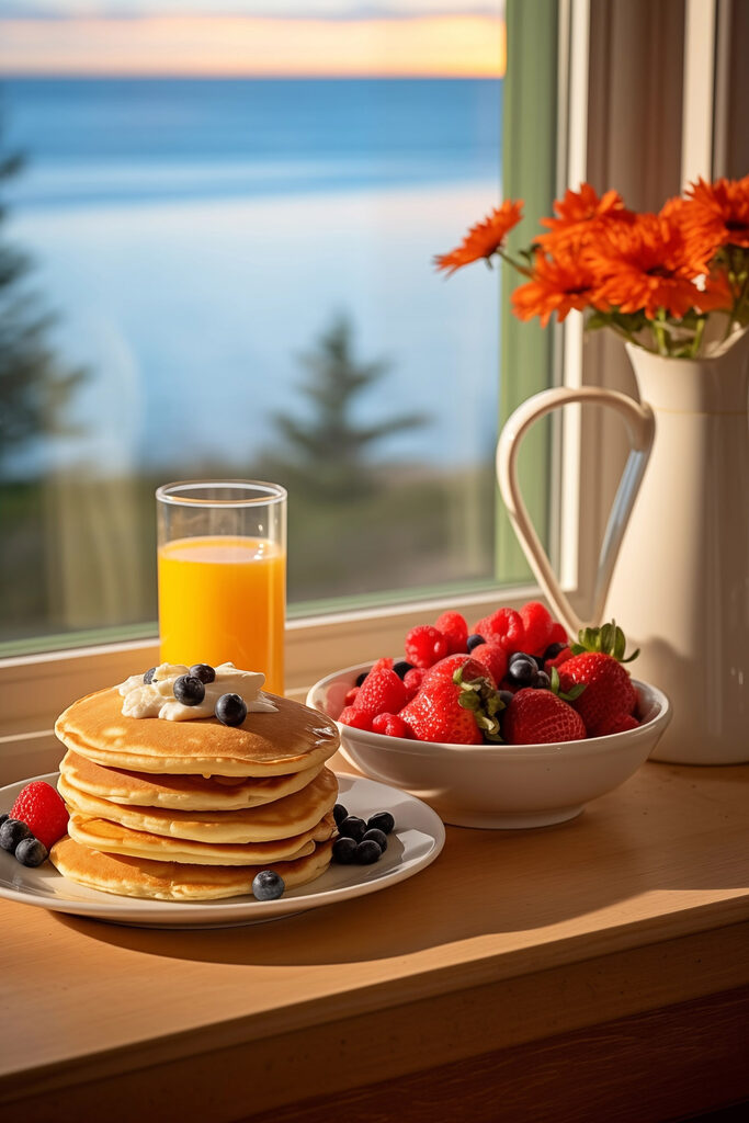 Stack of pancakes with berries and a glass of juice on a table