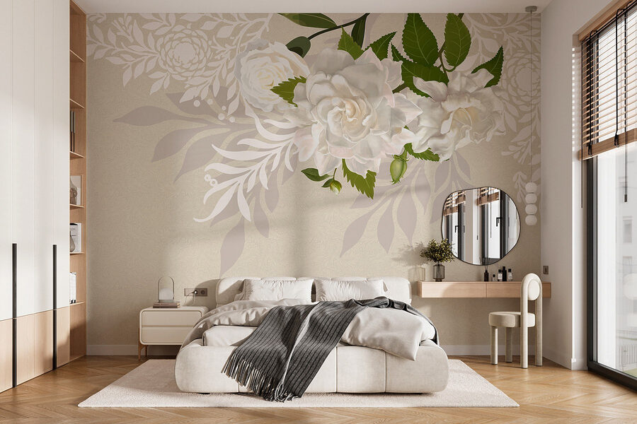 Papier peint Fleurs blanches avec feuilles vertes
