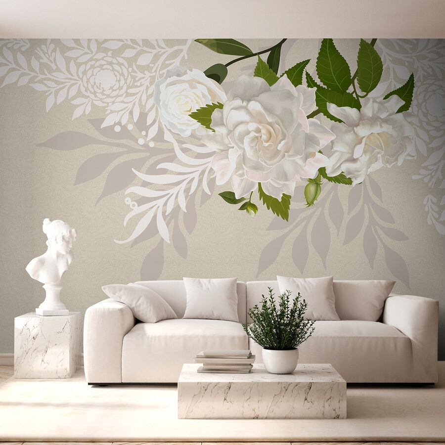 Papier peint Fleurs blanches avec feuilles vertes – Image 5