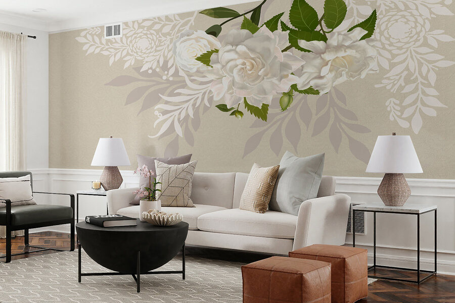 Papier peint Fleurs blanches avec feuilles vertes – Image 7