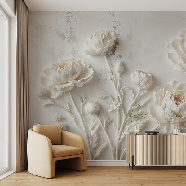 Sculpture de fleurs blanches sur un mur Sculpture de fleurs blanches sur un mur