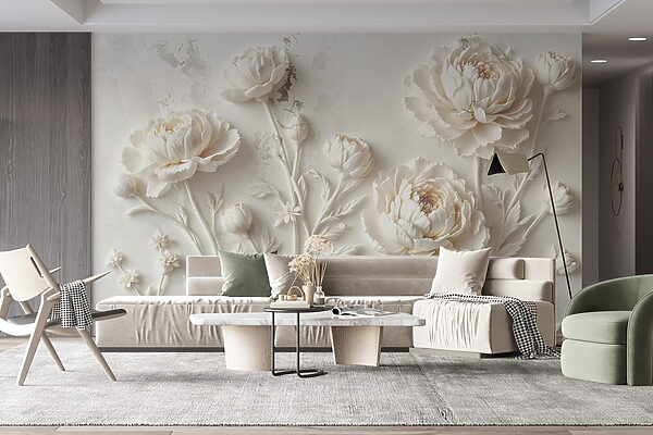 Sculpture de fleurs blanches sur un mur Sculpture de fleurs blanches sur un mur