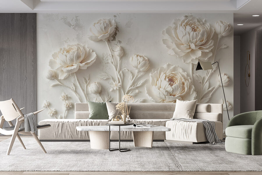Sculpture de fleurs blanches sur un mur Sculpture de fleurs blanches sur un mur