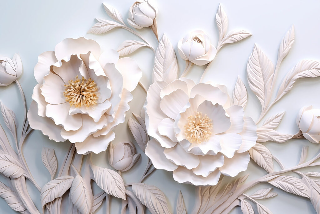 White flowers and leaves on a white surface White flowers and leaves on a white surface