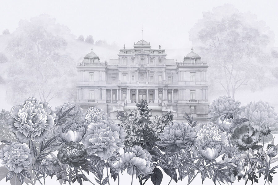 Grand bâtiment blanc avec des fleurs