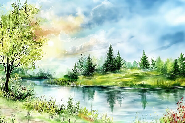 Aquarelle d'un lac avec des arbres et de l'herbe Aquarelle d'un lac avec des arbres et de l'herbe