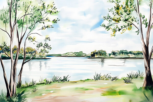 Aquarelle d'un lac avec des arbres et de l'herbe Aquarelle d'un lac avec des arbres et de l'herbe