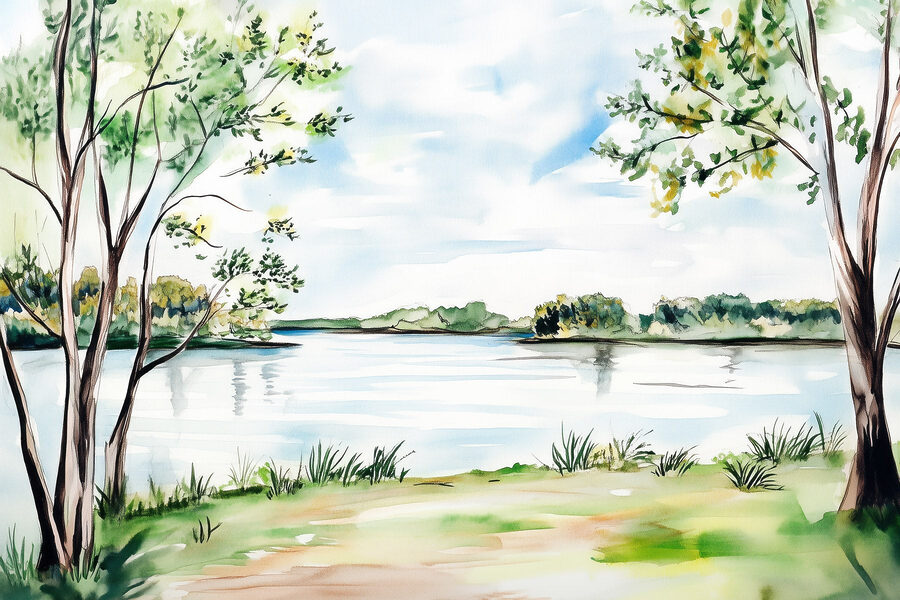Aquarelle d'un lac avec des arbres et de l'herbe