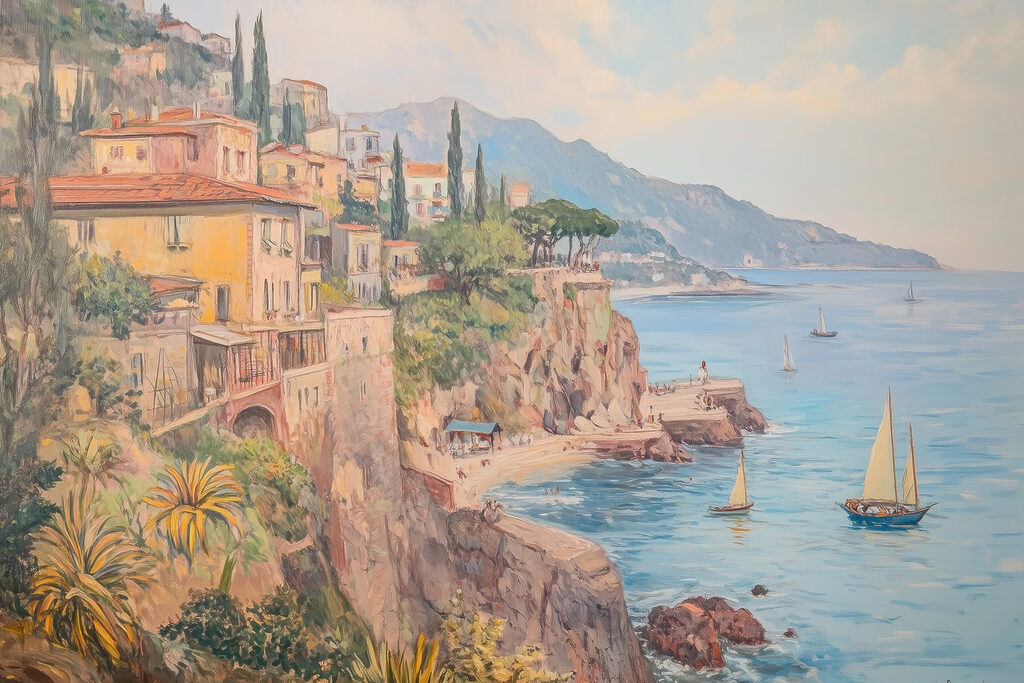 Painting of a town on a cliff by the water Painting of a town on a cliff by the water