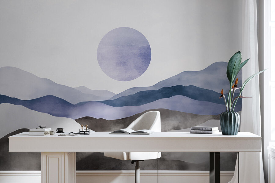Paysage avec des montagnes et un soleil