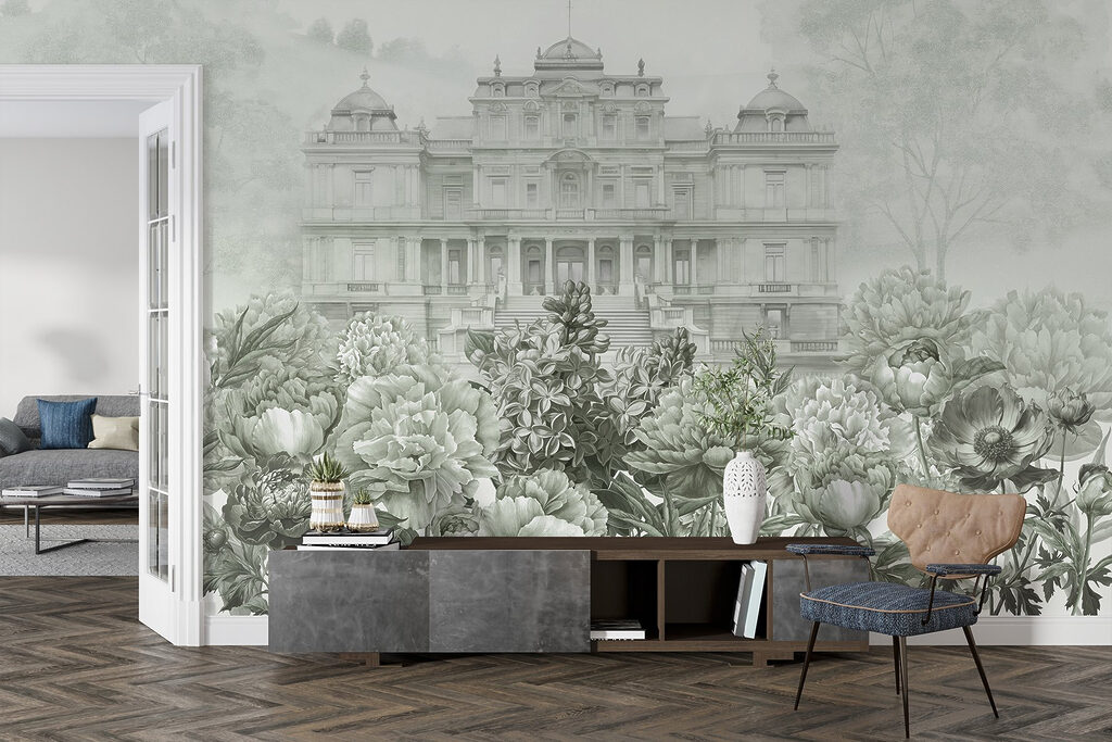 Large white building with flowers Large white building with flowers