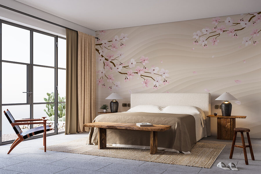 Branche d'arbre avec des fleurs blanches et roses