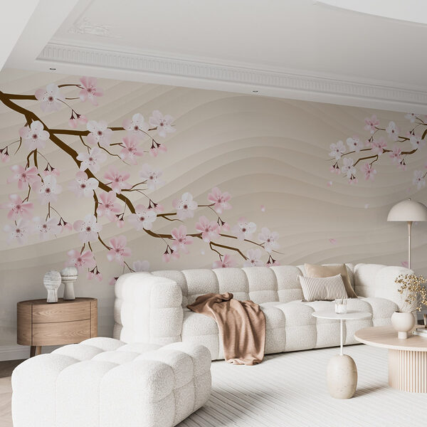 Branche d'arbre avec des fleurs blanches et roses Branche d'arbre avec des fleurs blanches et roses