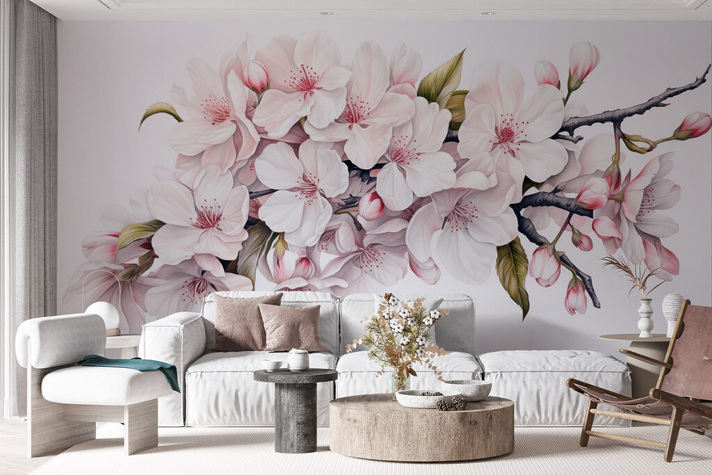 Painting of white flowers on a branch Painting of white flowers on a branch