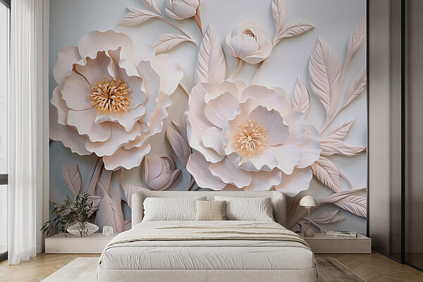 White flowers and leaves on a white surface White flowers and leaves on a white surface