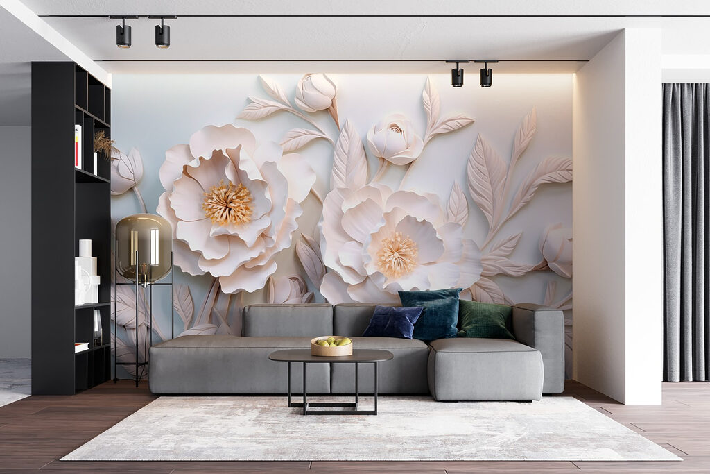 White flowers and leaves on a white surface White flowers and leaves on a white surface