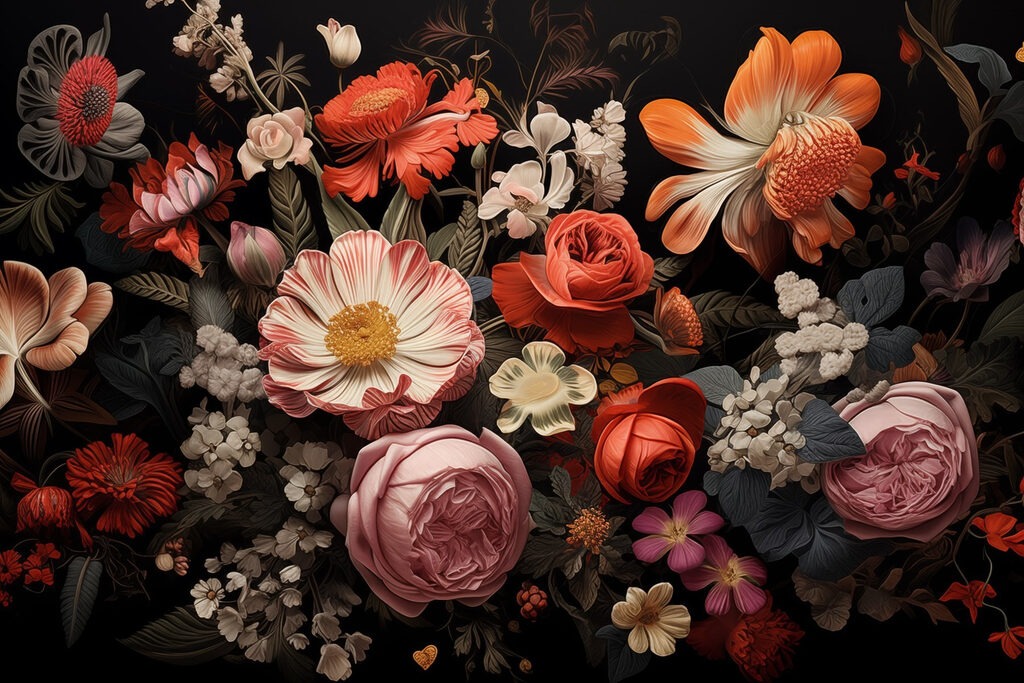 Groupe de fleurs sur fond noir Groupe de fleurs sur fond noir