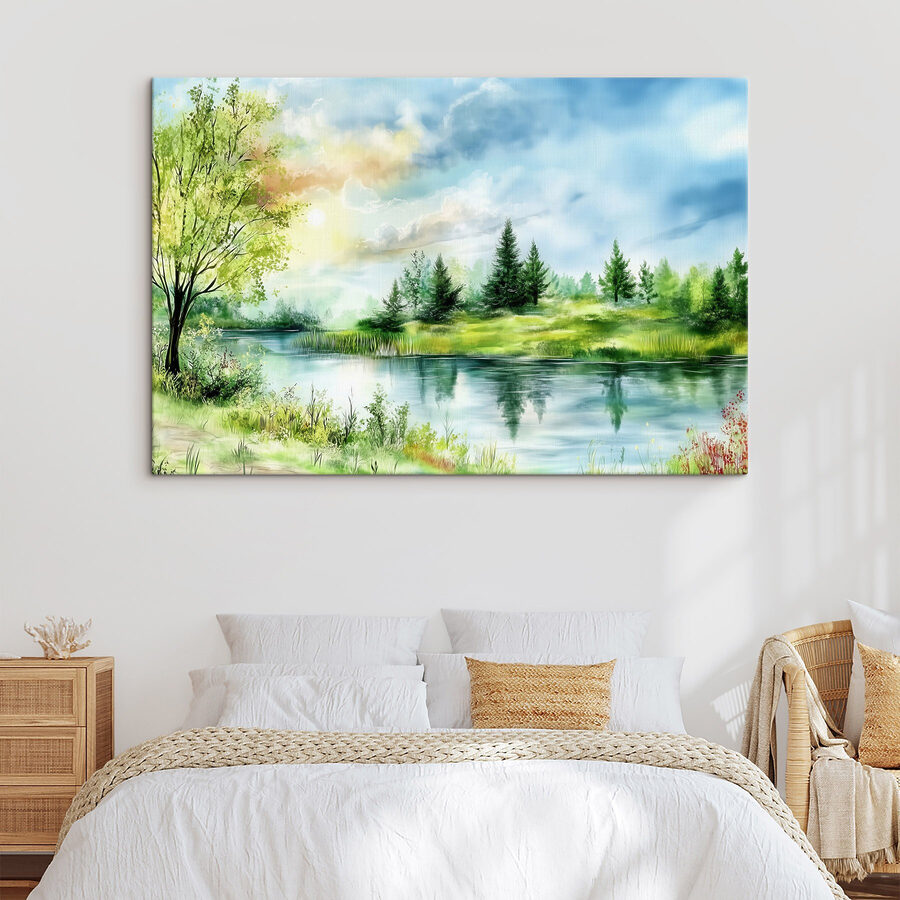 Aquarelle d'un lac avec des arbres et de l'herbe Aquarelle d'un lac avec des arbres et de l'herbe